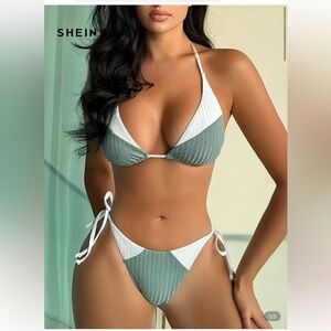 🩶 Colorblock Knotted Bikini Top & Bottoms - Size Small | Color: Green/White